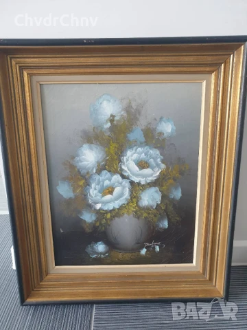 66х57см/стара картина масло върху платно/натюрморт ваза с цветя/дървена рамка