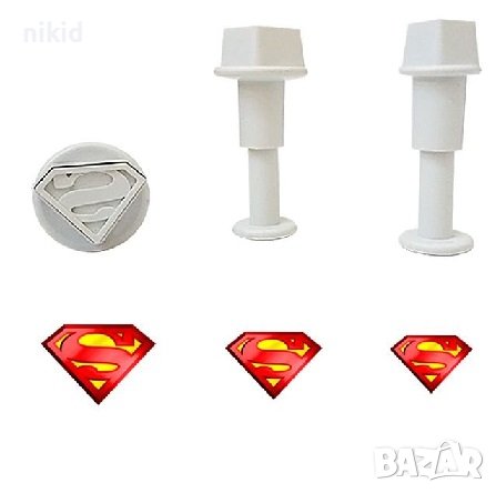3 бр мини Супермен лого пластмасови резци форми бутало резец форма пластмасови с релеф за фондан, снимка 1 - Форми - 36720268