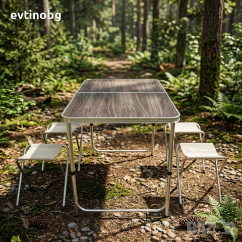 Комплект сгъваема къмпинг маса с 4 стола, регулируема височина, дизайн "куфар" в сив цвят, снимка 2 - Къмпинг мебели - 53948478