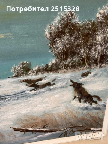 красива голяма картина зимна ловна сцена маслени бои автор, снимка 5 - Картини - 52874846