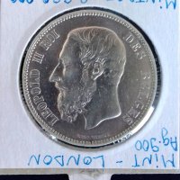 Монета Белгия - 5 Франка 1875 г. Леополд II - Сребро, снимка 2 - Нумизматика и бонистика - 31540109