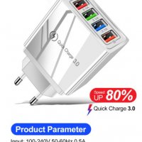 Супер Мощно Четворно USB Универсално Зарядно Телефон Таблет iPhone iPad Xiaomi Huawei QuickCharge 3, снимка 1 - Оригинални зарядни - 30735696