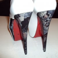  Бели лачени обувки с плат и кожа 18см ток, снимка 5 - Дамски обувки на ток - 29922149