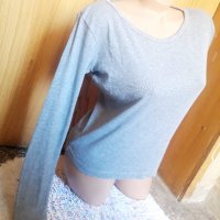 Сива памучна изчистена блуза С, снимка 2 - Блузи с дълъг ръкав и пуловери - 35053134