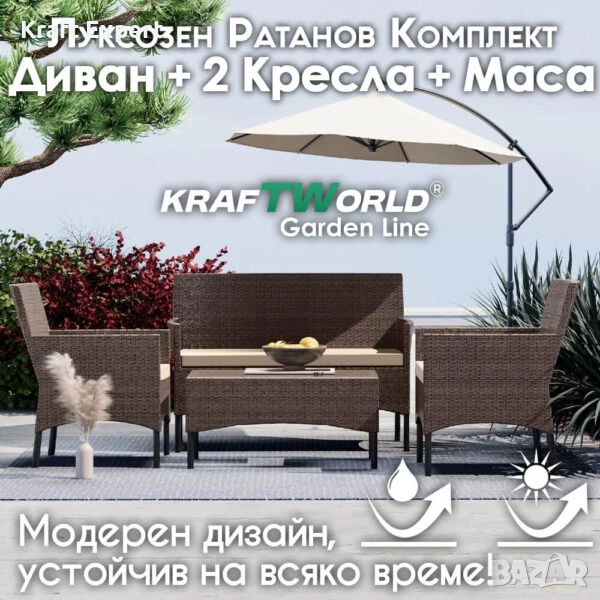 Луксозен Сет Градински Мебели – 2 кресла, диван и маса – Ратанов Комплект Kraftworld Garden, снимка 1