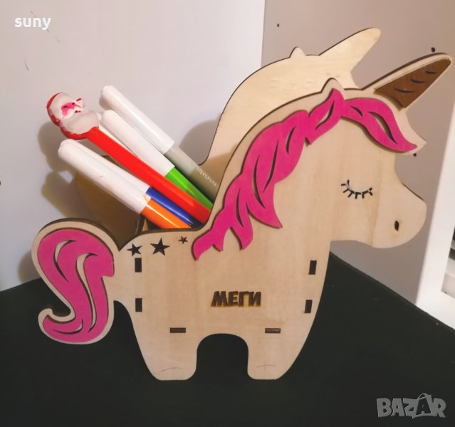 Персонализиран дървен моливник Еднорог, снимка 1