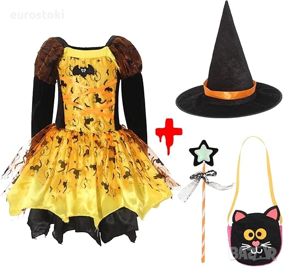 Cloudkids „Светеща вещица“ Хелоуин костюм за момиче, рокля + шапка + вълшебна пръчка + торбичка , снимка 1