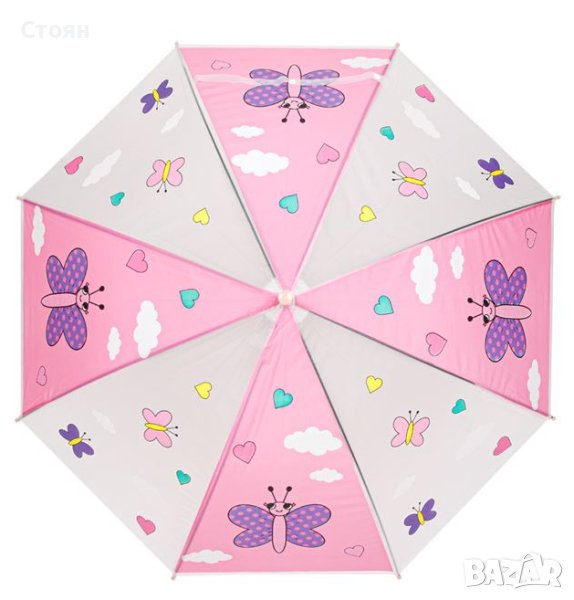 Детски чадър бастун розови пеперуди сърца 65 см, снимка 1