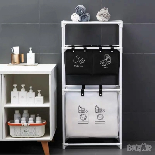 Мултифункционален органазйер за мръсни дрехи с 3 кошници и 3 рафта, снимка 1