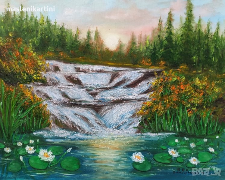 водни лилии,водопад и залез маслена картина , снимка 1