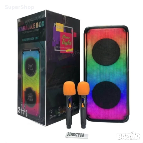 Мощна Безжична караоке тонколона с два говорителя и два микрофона LED колона караоке парти, снимка 1