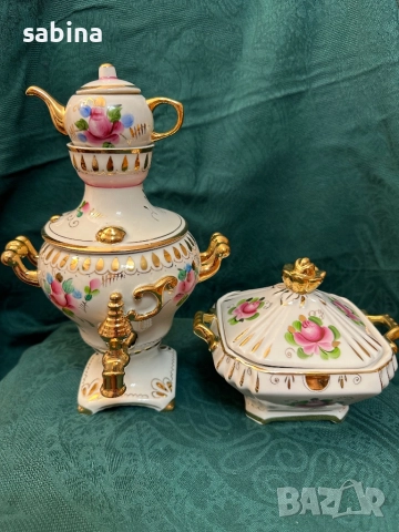 Нов комплект порцеланов самовар и захарница Гжель/Гжел, снимка 2 - Антикварни и старинни предмети - 52860180