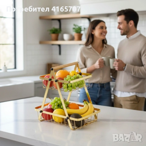 Двуетажна метална поставка за плодове Cheffinger – златист дизайн, компактна и стабилна, снимка 2 - Аксесоари за кухня - 53232030