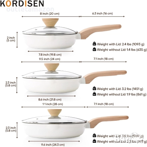 тигани Kordisen с незалепващо покритие и капак, 3 керамични тигана за готвене, нетоксични, снимка 5 - Съдове за готвене - 52882549