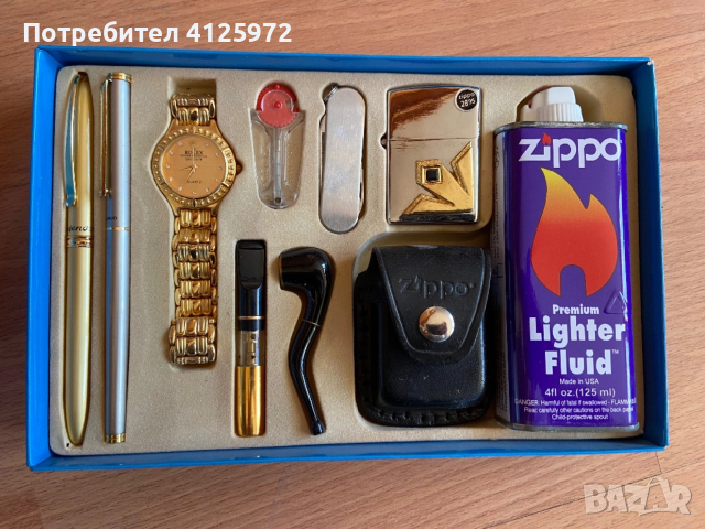 Стар, неупотребяван подаръчен комплект в кутия - запалка Zippo с калъфче, пълнител, джобно ножче