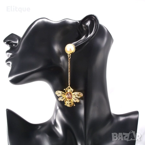 Златни обеци с висулка пчела А206, снимка 4 - Обеци - 52813015