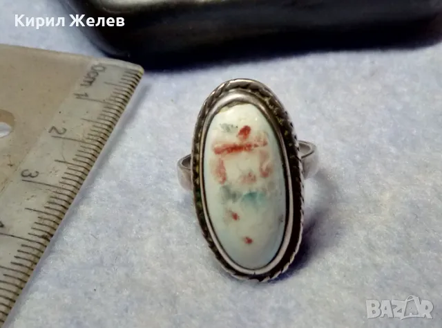 СТАРИНЕН РЕТРО АРТ СРЕБЪРЕН ПРЪСТЕН СРЕБРО ВИСОКА ПРОБА с РЪЧНО РИСУВАН БЯЛ ОПАЛ 30544, снимка 8 - Антикварни и старинни предмети - 49885923