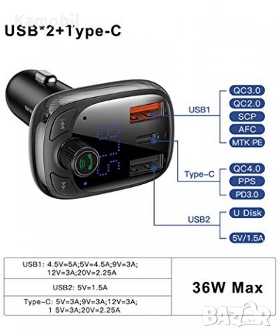 Зарядно за кола Baseus T Typed Bluetooth 5.0 FM Transmitter MP3 Quick Charge 4.0, снимка 4 - Зарядни за кола - 30775457