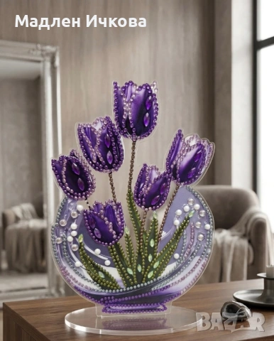 Диамантен сувенир „Лалета“ на акрилна стойка – Ръчна изработка