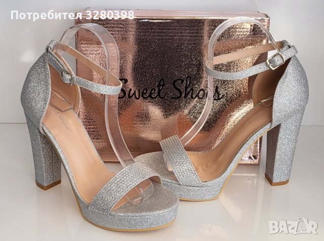 Официални дамски обувки на висок квадратен ток с платформа в сребрист цвят, снимка 5 - Дамски обувки на ток - 44321150