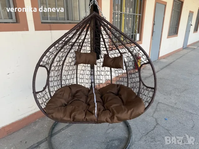 Двойна висяща ратанова люлка тип пашкул с метална рамка и възглавница – стил и комфорт до 200 кг, снимка 2 - Градински мебели, декорация  - 55854543