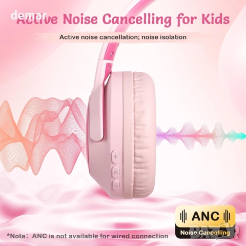 Детски безжични леки слушалки с активно шумопотискане, с калъф, розови, снимка 2 - Bluetooth слушалки - 52973250