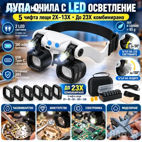 Лупа-очила с LED и 5 сменяеми лещи 2X–13X, до 23X