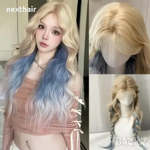 Ефектна перука два цвята русо и синьо на вълни, снимка 4 - Аксесоари за коса - 50332207