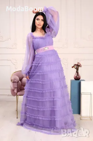 Вечерна рокля с дълги ръкави, деколте и тюл с волани в пурпурен/лилав цвят, снимка 2 - Рокли - 48063293