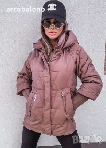 Дамско ватирано яке с качулка и ръкави тип пуловер, снимка 2 - Якета - 51807919