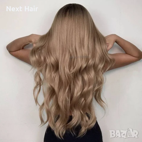 Дълга вълнообразна тъмно руса омбре перука с тъмни корени на път, снимка 3 - Аксесоари за коса - 51086921