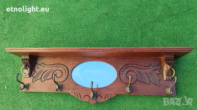 Старинна дъбова закачалка с рафт отгоре, огледало и дърворезба , снимка 4 - Закачалки - 52805926