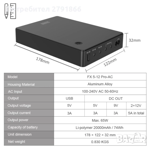 Shanqiu UPS Mini UPS за рутер, модем, камера с вход AC изход USB 5V DC 5V 9V 12V 3A (74Wh) 20000 mAh, снимка 5 - UPS захранвания - 52011885