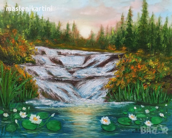 водни лилии,водопад и залез маслена картина 