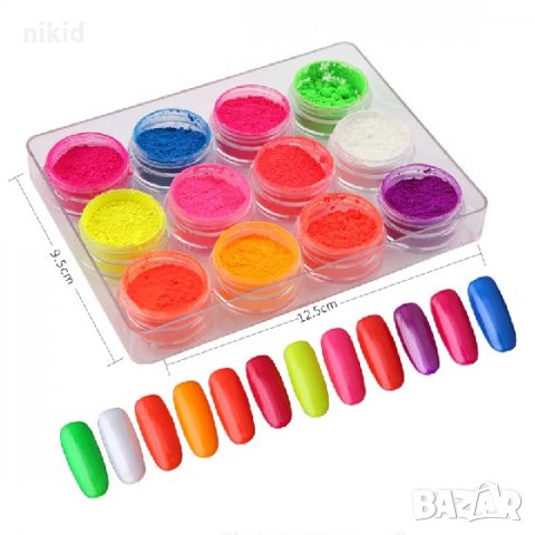 12 бр електрик неонов неон цвят цветове пудра прах пигмент омбре за маникюр нокти за гел лак, снимка 3 - Продукти за маникюр - 31218366