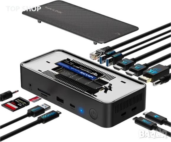 WAVLINK USB C докинг станция 3 монитора, 5Gbps M.2 PCIe/SATA SSD кутия, снимка 1 - Кабели и адаптери - 49444083