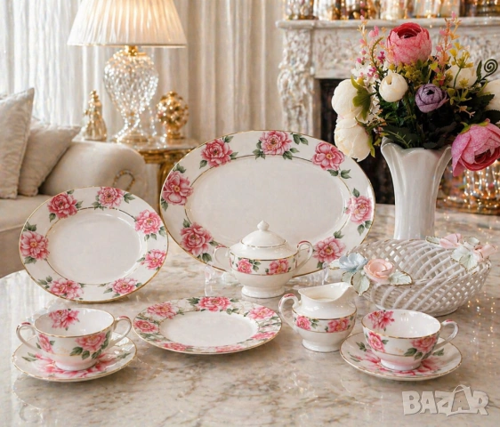 Винтидж сервиз "РОЗИ" - костен порцелан YOLISA за съдомиялна машина