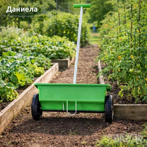 Ръчна градинска сеялка 6L с колела – разпръсквач за семена, торове, пясък и сол 