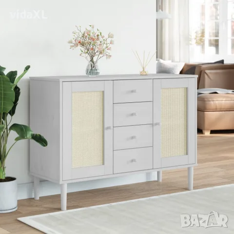 vidaXL Сайдборд "SENJA", ратанова визия, бял, 112x40x80 см, бор масив, снимка 2 - Бюфети - 56147320