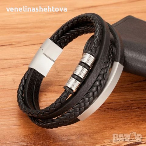Луксозна мъжка гривна от естествена кожа със сребристи елементи , снимка 2 - Гривни - 37531760