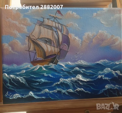 Морска картина,маслени бои върху платно с дървена подрамка , снимка 3 - Картини - 30845396