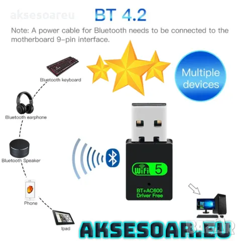 2 в 1 USB WiFi Bluetooth 5.0 адаптер 600 Mbps Dual Band 2.4/5Ghz Безжичен мрежов приемник Wi-Fi , снимка 2 - Кабели и адаптери - 48115806
