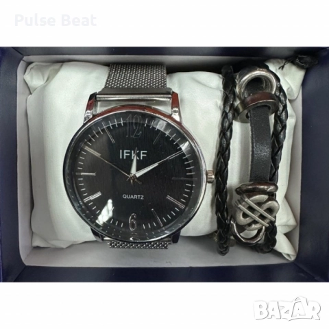 Мъжки комплект – кварцов часовник с метална верижка и стилна гривна в подаръчна кутия, снимка 8 - Мъжки - 52045217