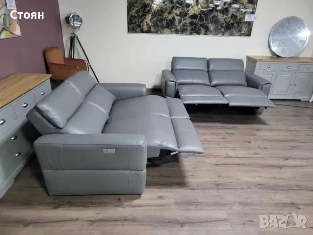 Сив кожен комплект дивани две двойки с електрически релакс механизъм, снимка 7 - Дивани и мека мебел - 48313571