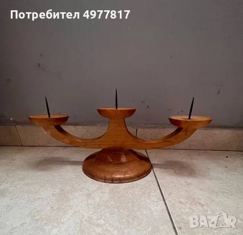 Дървен свещник с три рамена, снимка 2 - Свещи и свещници (декоративни) - 56486154