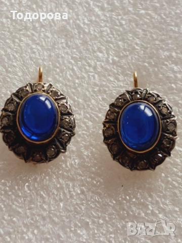 Стари антикварни златни обеци със сапфири и диаманти, злато 14к., 2 260 лв, снимка 4 - Обеци - 52211596