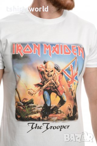 Нова мъжка тениска на музикалната група IRON MAIDEN - The trooper в бял цвят, снимка 2 - Тениски - 37697092