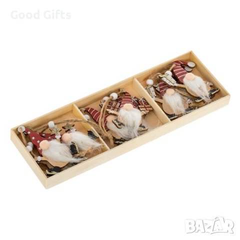 9 броя Дървени коледни висулки за елха, Гномче в 3 дизайна, 7см