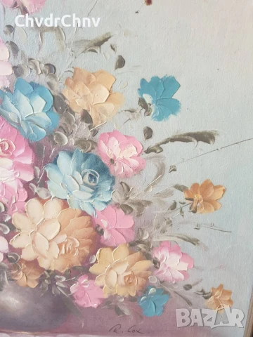 Robert Cox 63х53см/стара картина масло върху платно/натюрморт ваза с цветя/дървена рамка, снимка 4 - Картини - 50895732