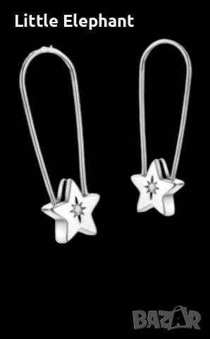 Висящи сребърни дизайнерски обеци дълги халки със звезди,plein/нови